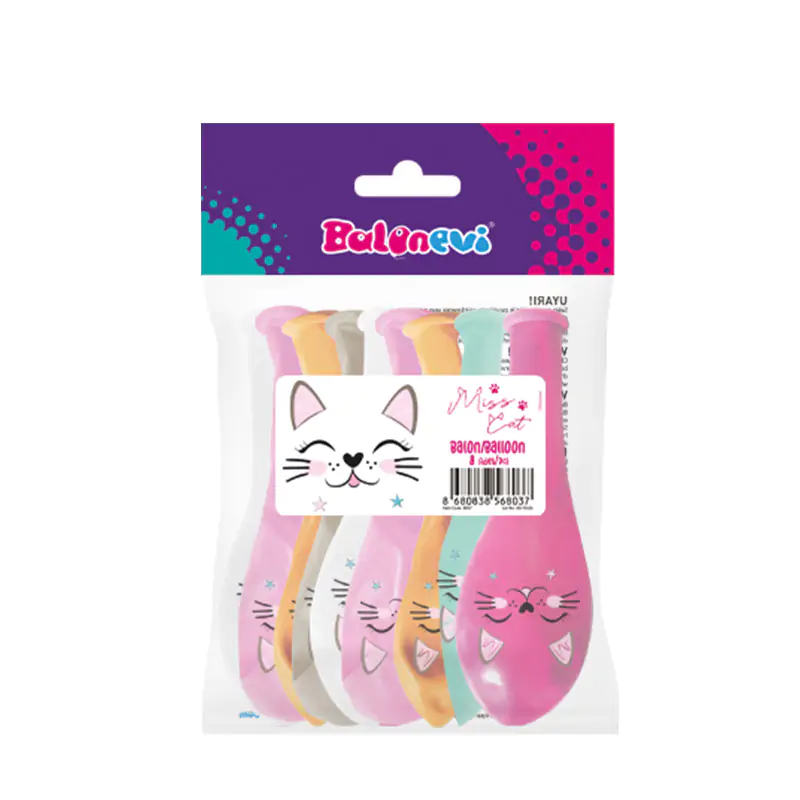 4+1 Miss Cat Baskılı 12” Pastel Balon 8’li